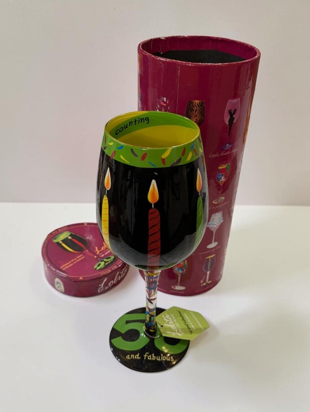 Lolita Hand Painted Wine Glass "50 and Fabulous" Birthday Candles with Box 15oz